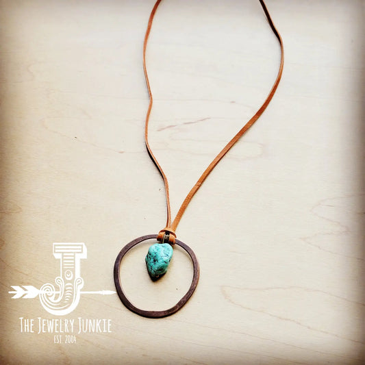 Leather Cord Necklace w/ Antique Gold Hoop & Turquoise