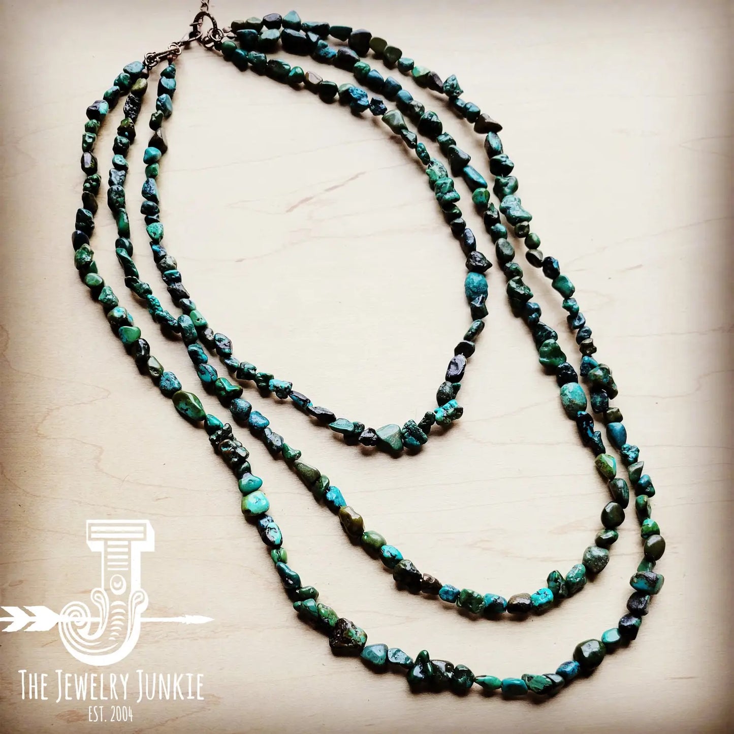 Long Genuine Natural Turquoise Triple Strand Necklace