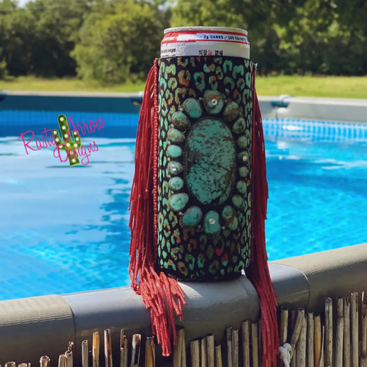 Slim Cheetah Turquoise Fringe Koozie