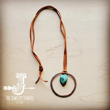 Leather Cord Necklace w/ Antique Gold Hoop & Turquoise